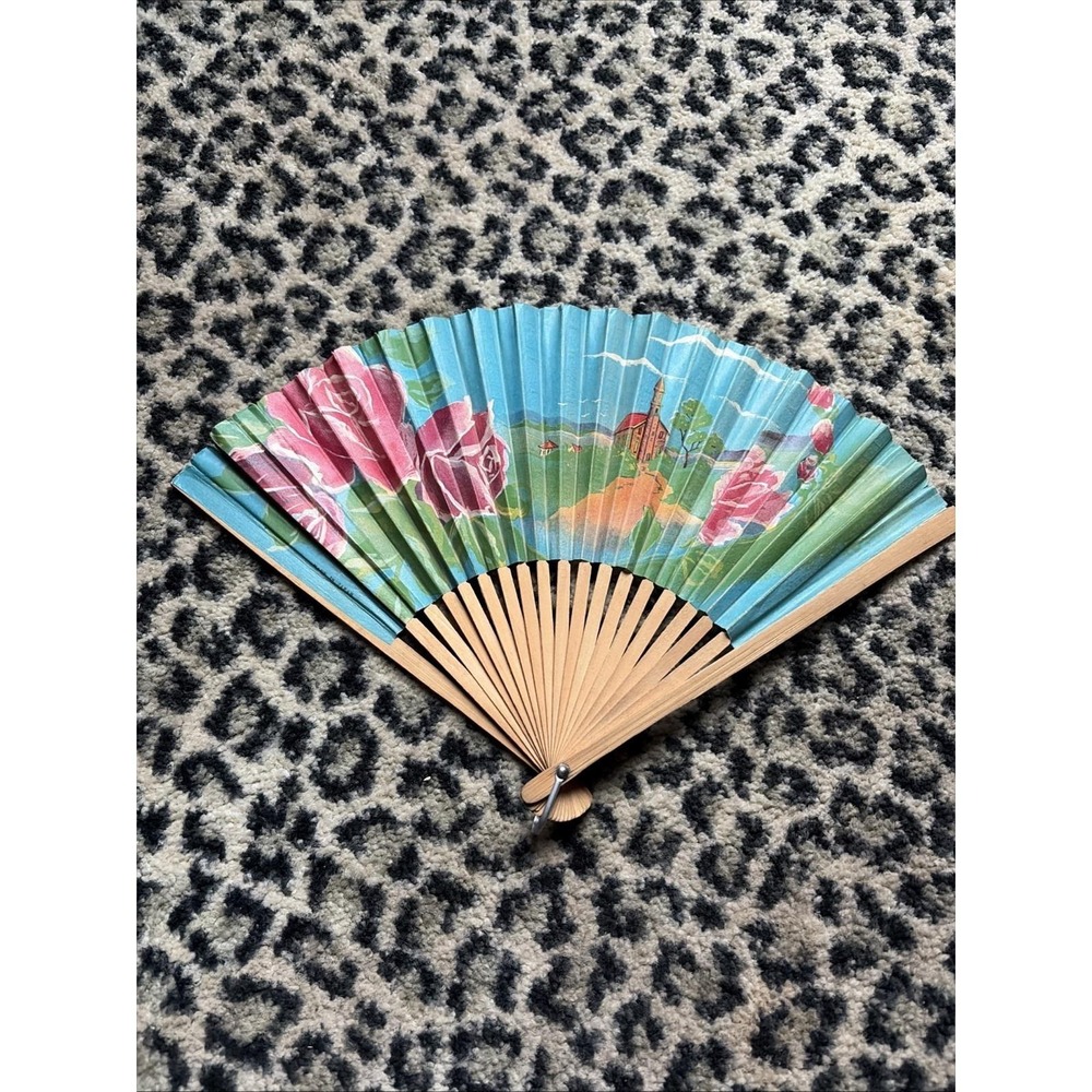 VTG Paper & Wood Handpainted Fan,‎ Steeple Country Church Roses, Made In Japan